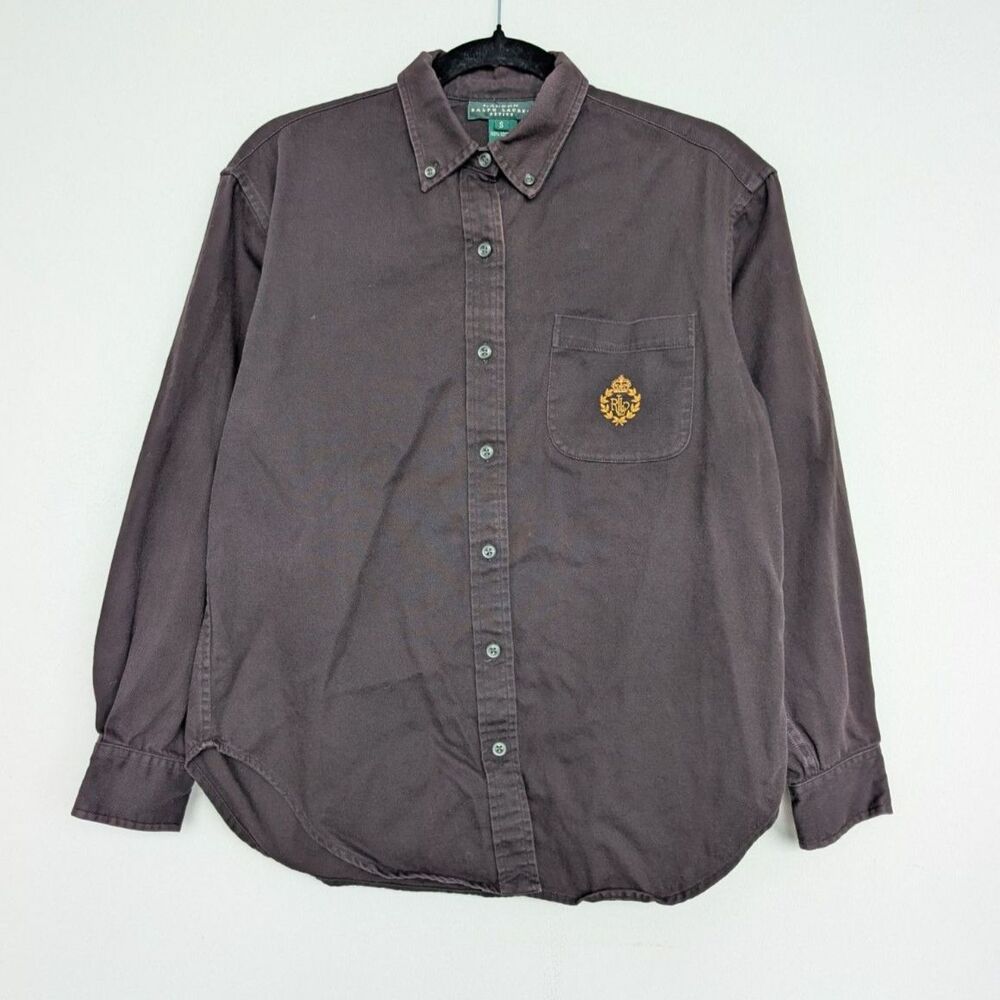 Vtg Lauren Ralph Lauren Crest Embroidery Cotton Button Up Long Sleeve Sz S